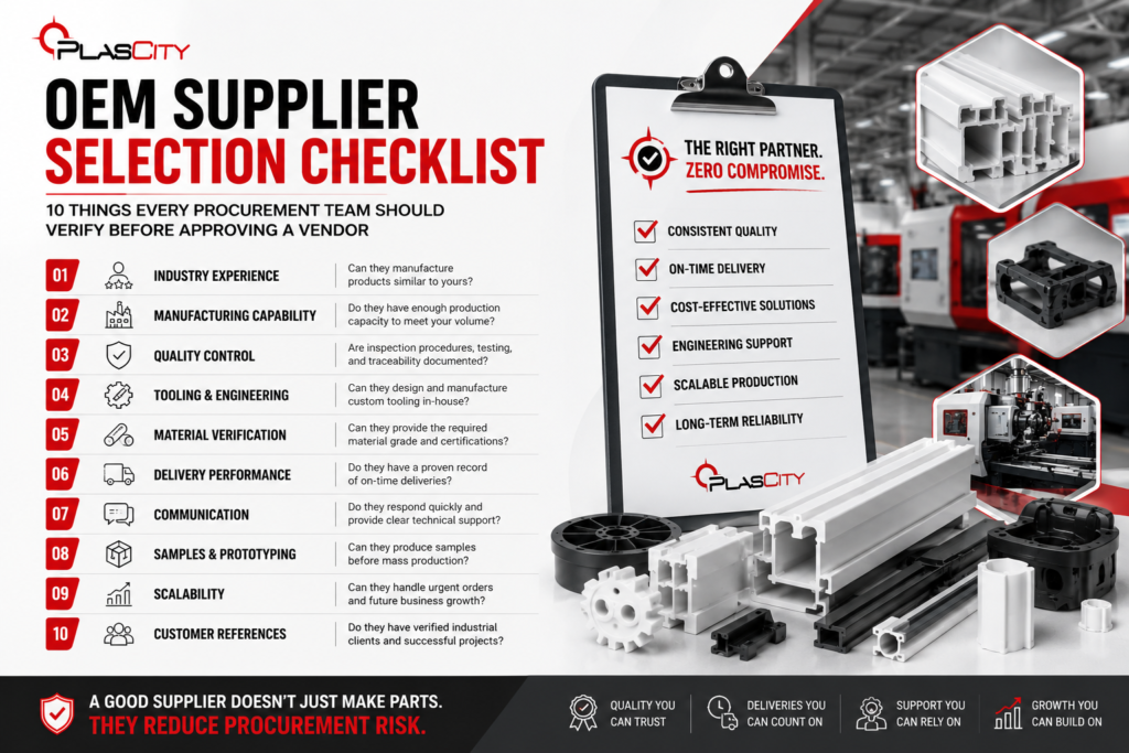 OEM plastic manufacturer reviewing supplier evaluation checklist before approving production