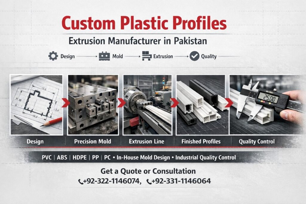 PVC plastic extrusion profile being produced on an industrial extrusion line at a manufacturing plant