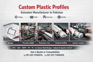 PVC plastic extrusion profile being produced on an industrial extrusion line at a manufacturing plant