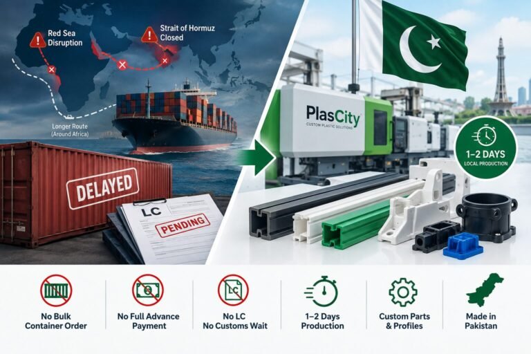 Custom plastic extrusion profiles manufactured in Pakistan as a local alternative to delayed container imports