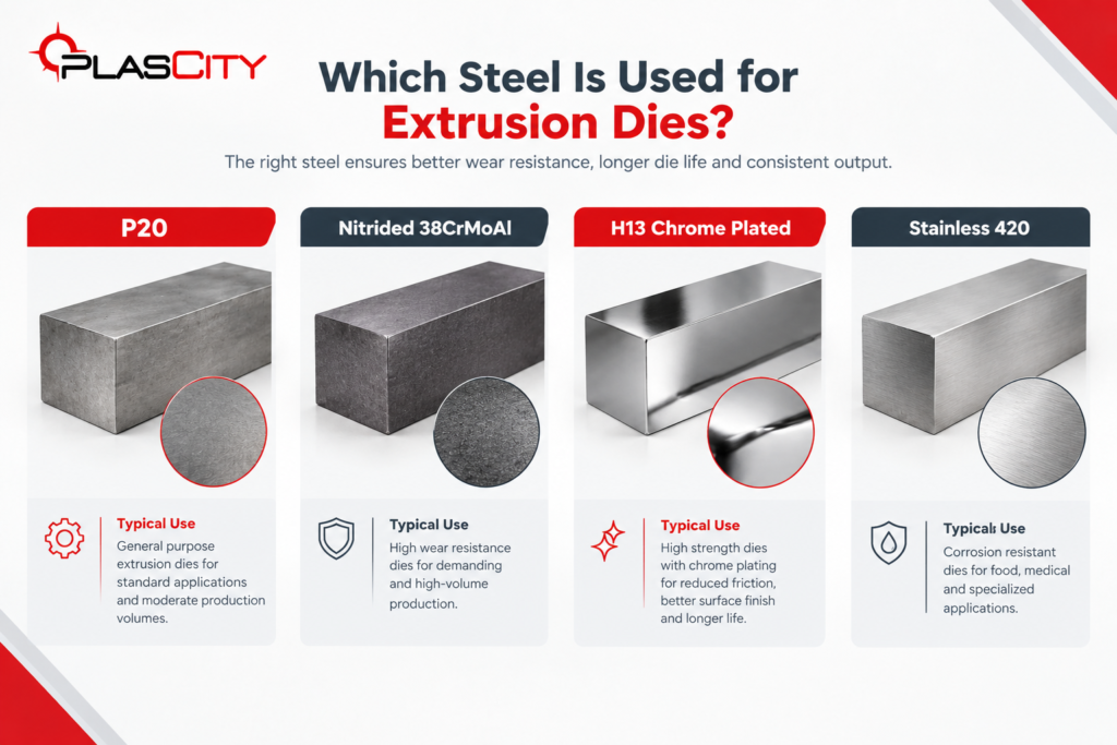 Comparison of P20, nitrided 38CrMoAl, H13 chrome plated and 420 stainless steel for extrusion dies, with typical uses