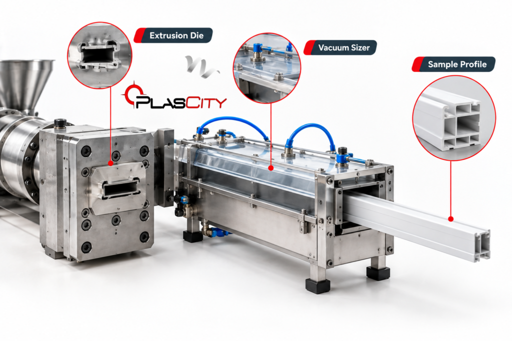 Plastic extrusion die with vacuum sizer and sample profile made by PlasCity in Ferozewala, Pakistan