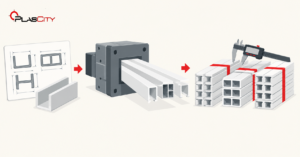 Custom plastic extrusion profiles flowing out of a steel die, ready for a bulk order from PlasCity