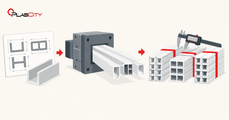 Custom plastic extrusion profiles flowing out of a steel die, ready for a bulk order from PlasCity