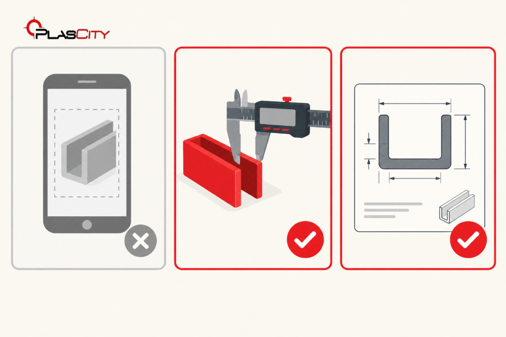 Comparison showing a photo cannot be priced for plastic extrusion, but a physical sample or CAD file can