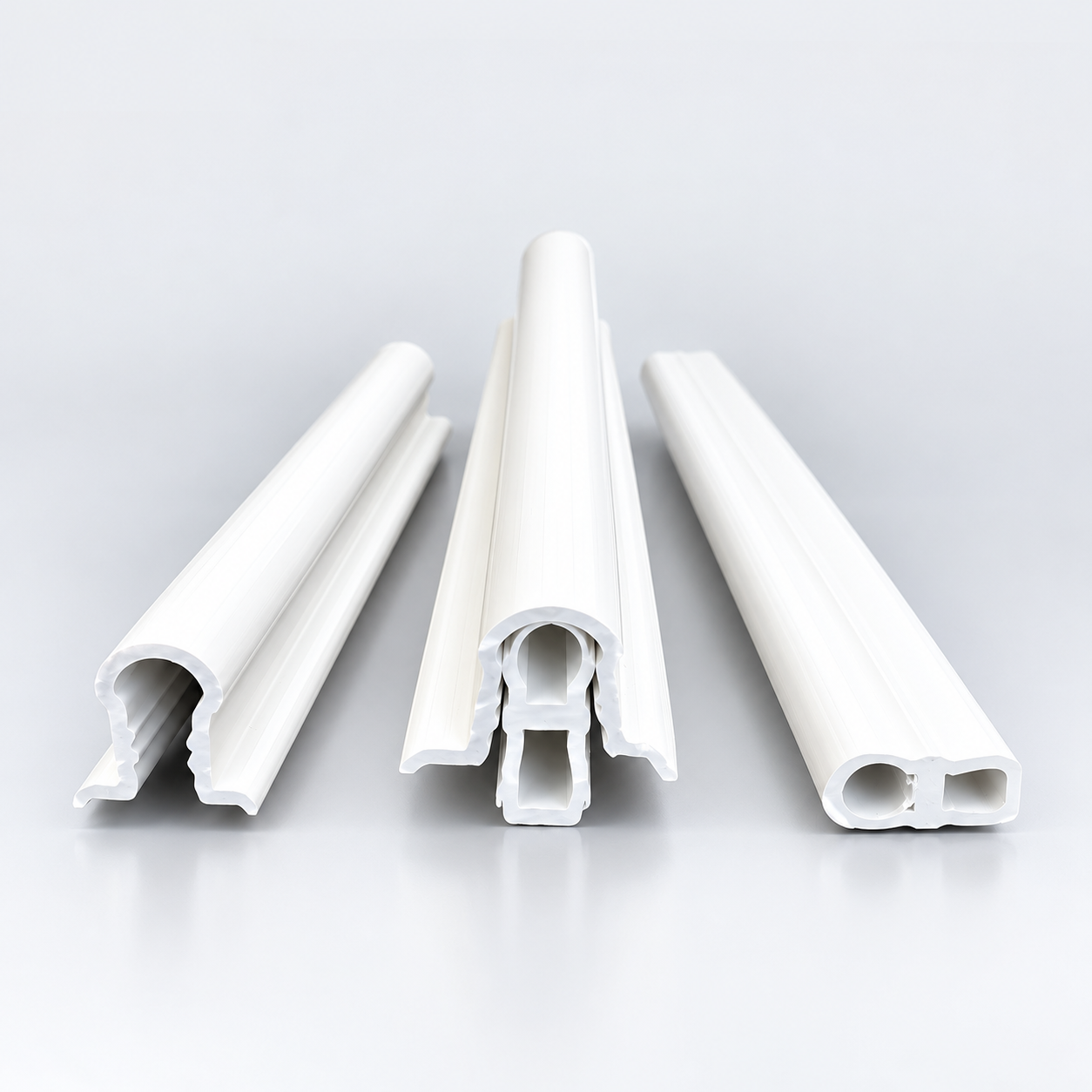 Two PVC greenhouse profiles shown apart before fitting. PlasCity custom plastic profiles manufacturer, Lahore, Pakistan